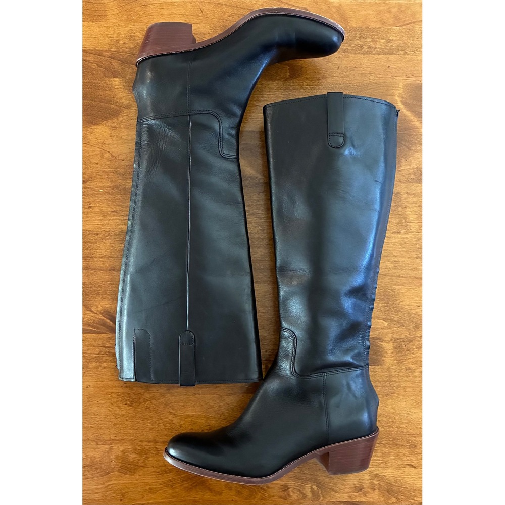 Cole Haan Women's Wesley Black Leather Riding Boots Stacked Heel Zip Back 6B EUC